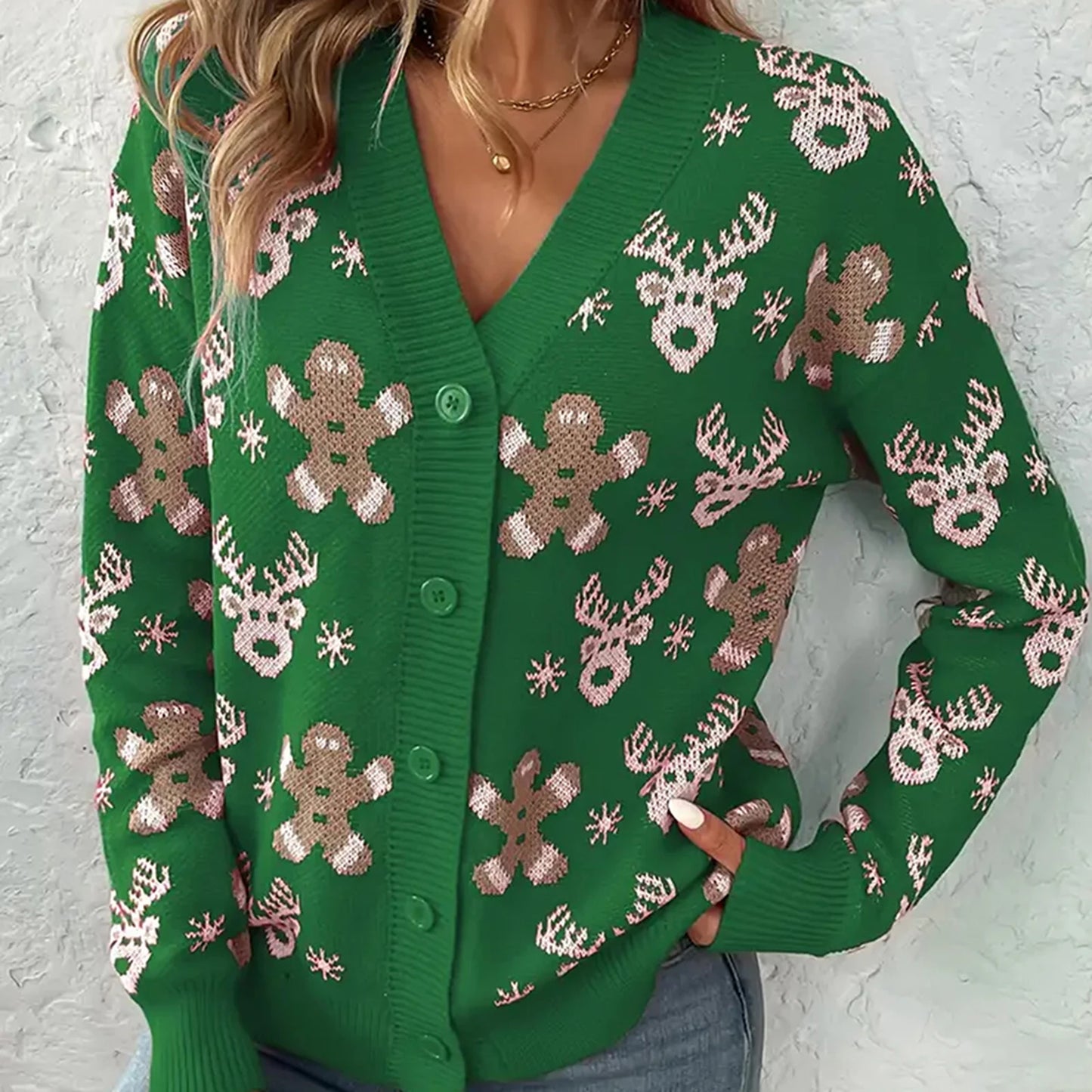 Christmas V-neck Elk Print Cardigan