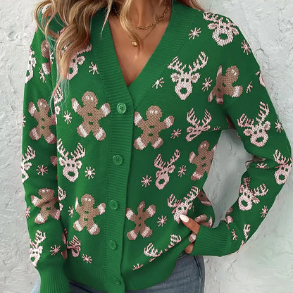 Christmas V-neck Elk Print Cardigan