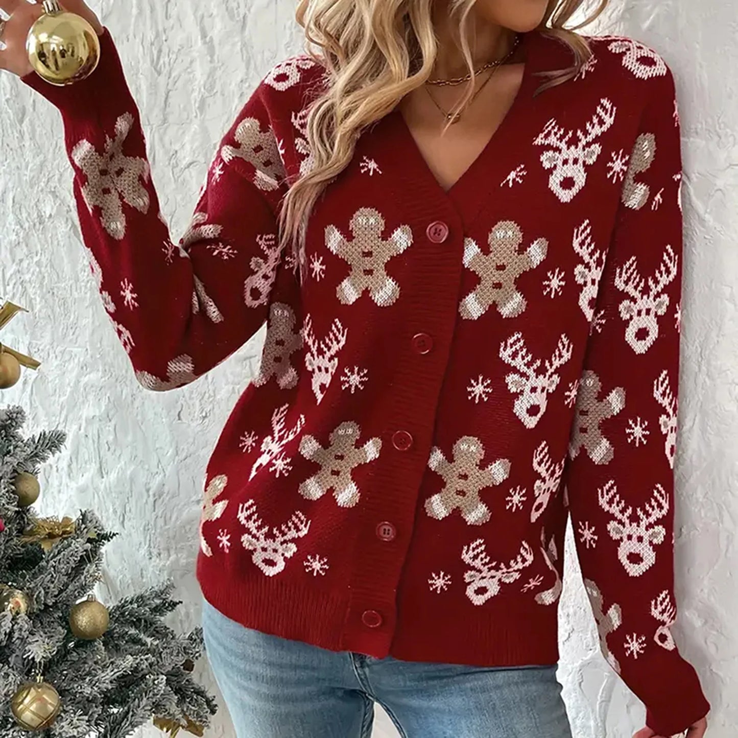 Christmas V-neck Elk Print Cardigan