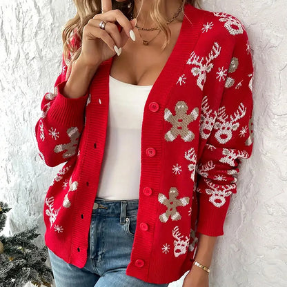 Christmas V-neck Elk Print Cardigan