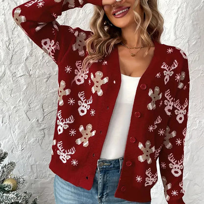 Christmas V-neck Elk Print Cardigan