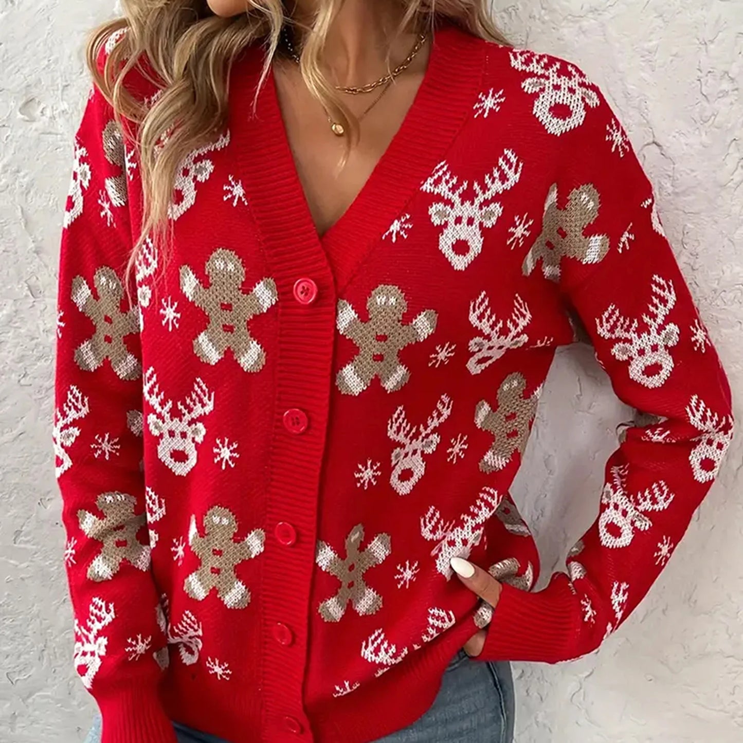 Christmas V-neck Elk Print Cardigan