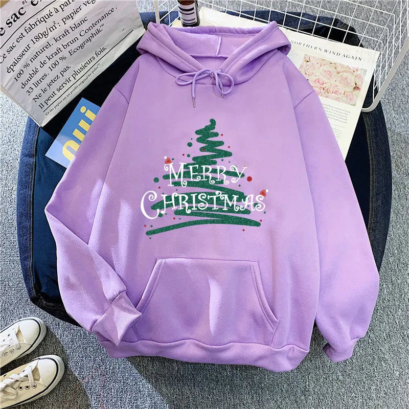 Sporty Printed Casual Long Sleeve Christmas Hoodie for Women