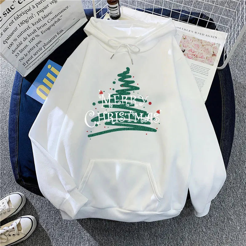 Sporty Printed Casual Long Sleeve Christmas Hoodie for Women