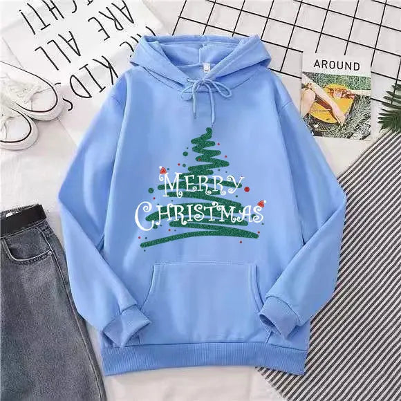 Sporty Printed Casual Long Sleeve Christmas Hoodie for Women