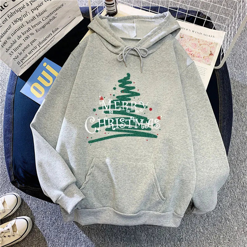 Sporty Printed Casual Long Sleeve Christmas Hoodie for Women