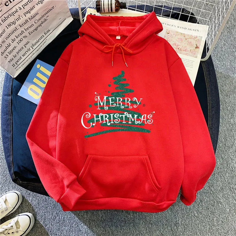 Sporty Printed Casual Long Sleeve Christmas Hoodie for Women