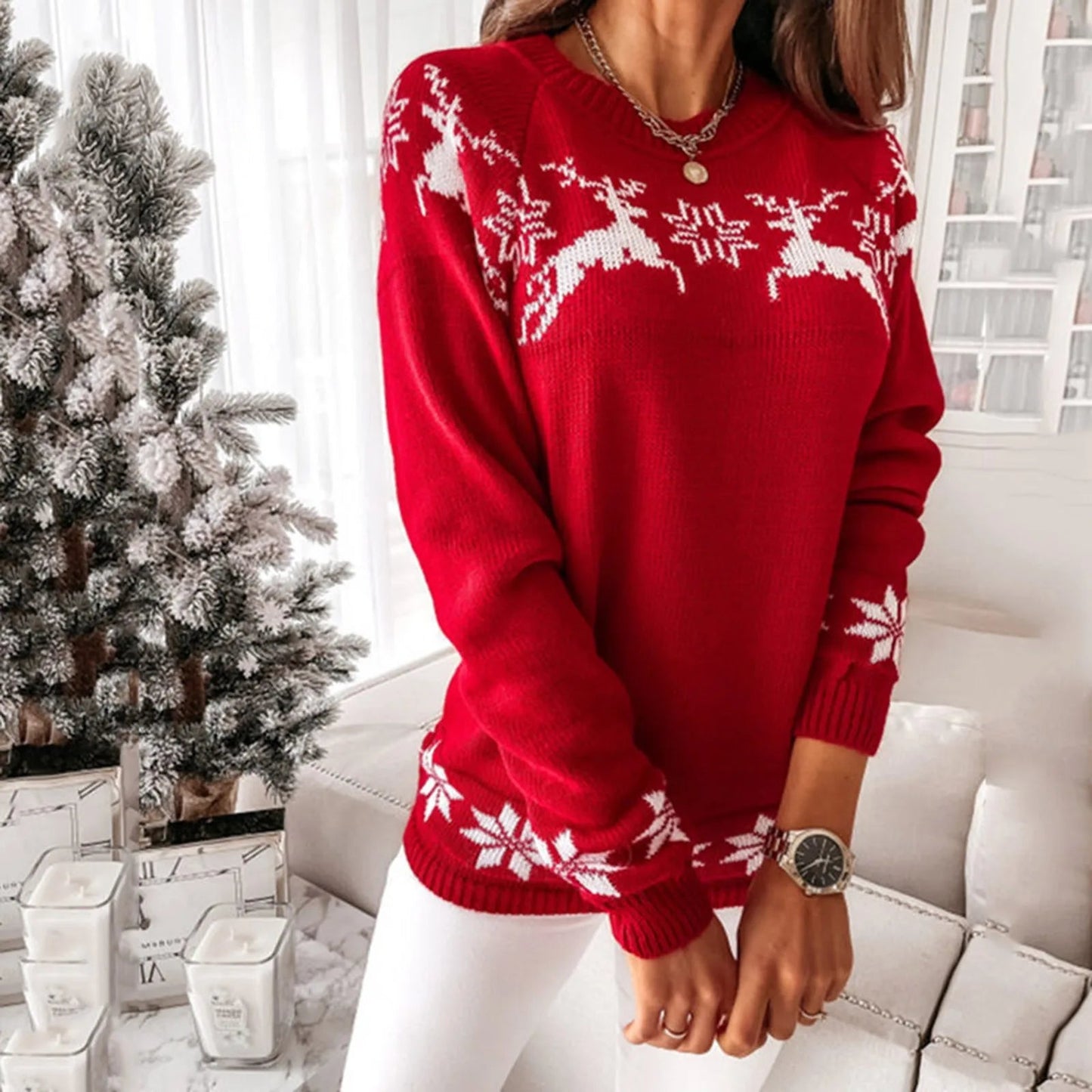 Elk Snowflake Christmas Sweater for Casual Autumn Winter Wear