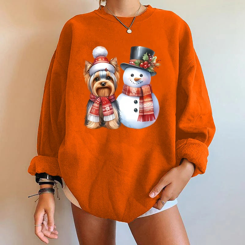 Trendy Fashionable Y2K Snowman Dog Printed Casual Christmas Hoodie