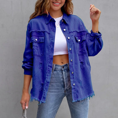 Ripped Oversized Denim Wi Pocket Solid Lapel Button Chic Stylish Elegant Fashionable Versatile Winter Outer Jacket