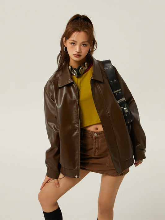 Brown Leather Polo Collar Three-Color Autumn Retro Casual Loose Jacket