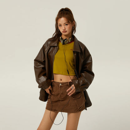 Brown Leather Polo Collar Three-Color Autumn Retro Casual Loose Jacket