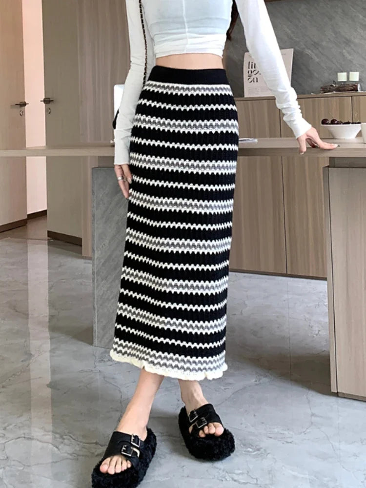 Colorful Elegant A-line Slim Fashion Black Chic Autumn Winter Midi Skirt