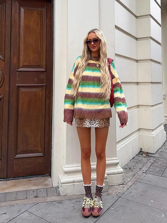 Colorful Striped High Neck Sweater