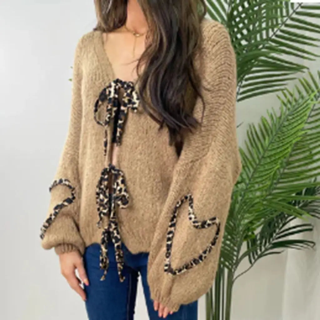 Leopard Ribbon Tie V-neck Cardigan