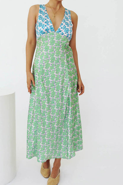 Floral Print V Neck Dress with Contrast Detail and Tie-back