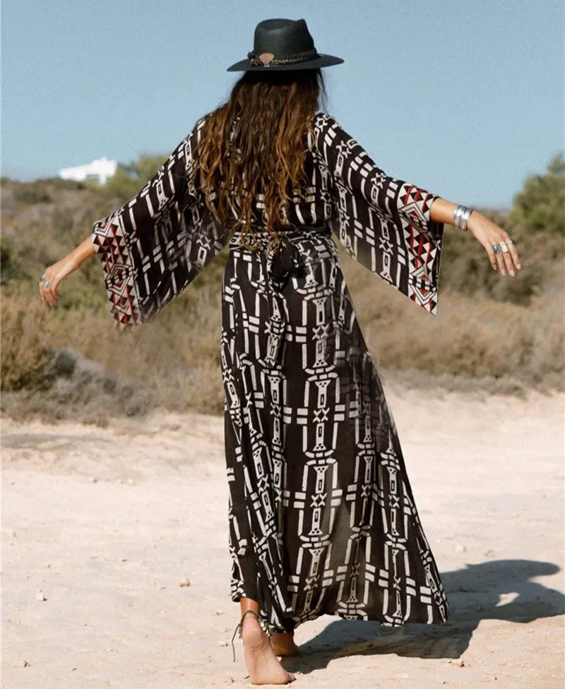 Cotton Rayon Kimono Robe Bikini Cover-up Dark Brown / One Size bohodress-250126