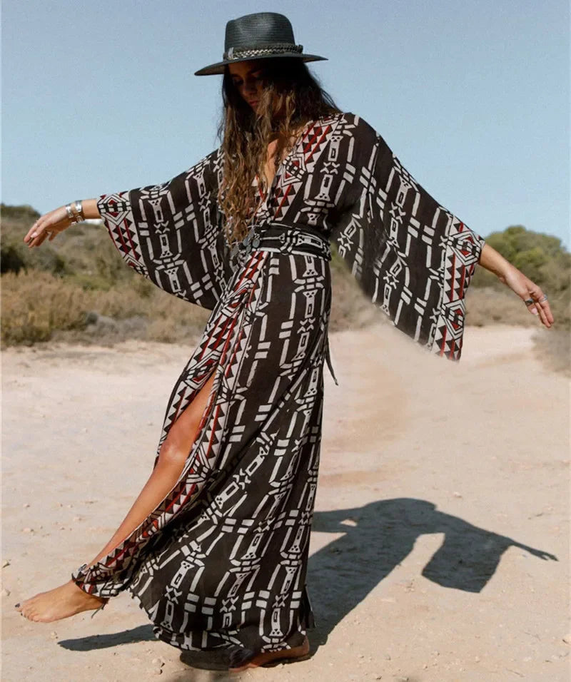 Cotton Rayon Kimono Robe Bikini Cover-up Dark Brown / One Size bohodress-250126