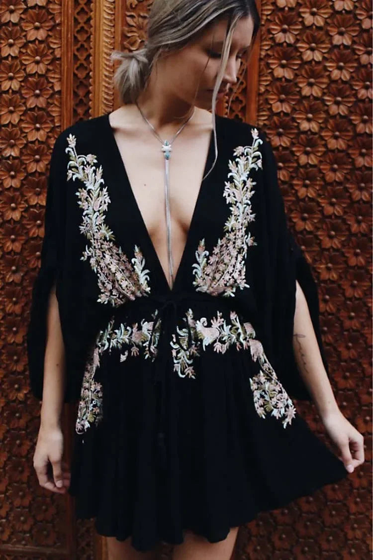 Cotton Rayon Purple Floral Embroidery Boho Dress bohodress-250126