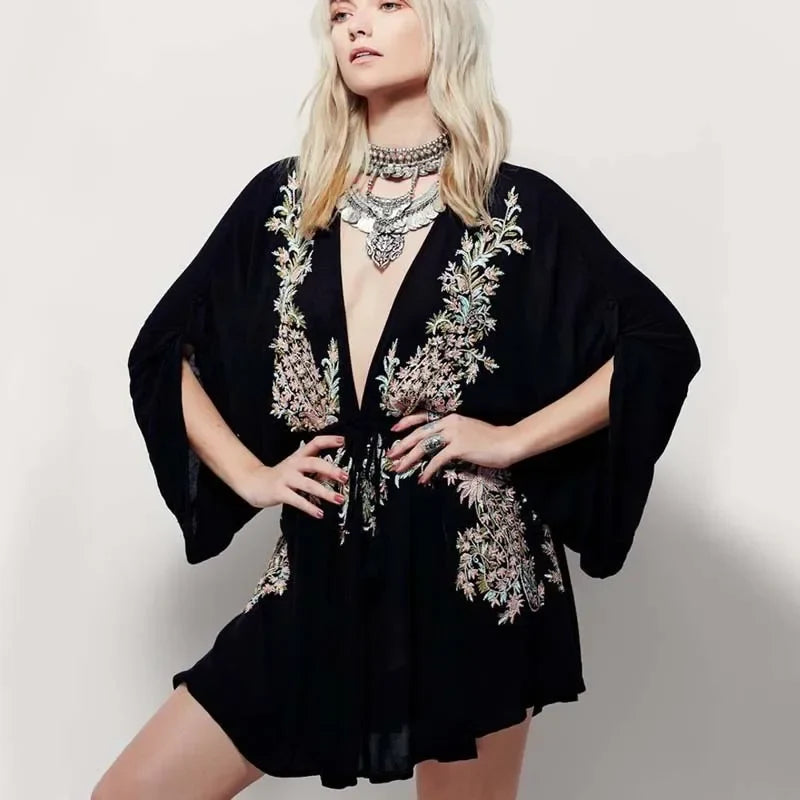 Cotton Rayon Purple Floral Embroidery Boho Dress Black / S bohodress-250126