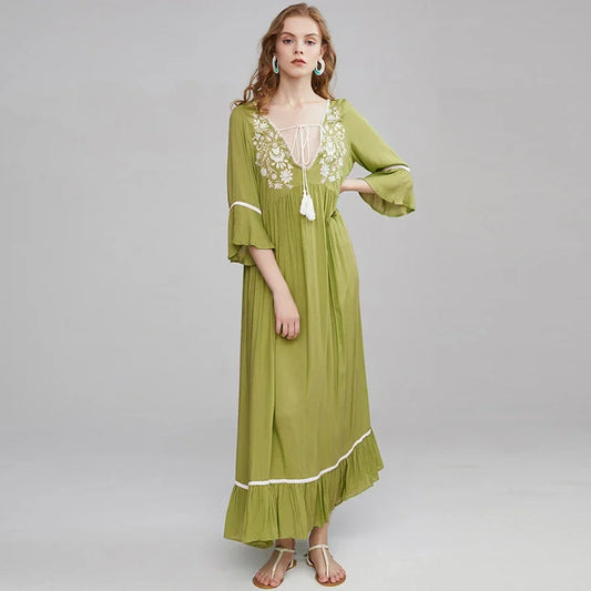 Cotton Rayon Boho Dress Green / S bohodress-250126