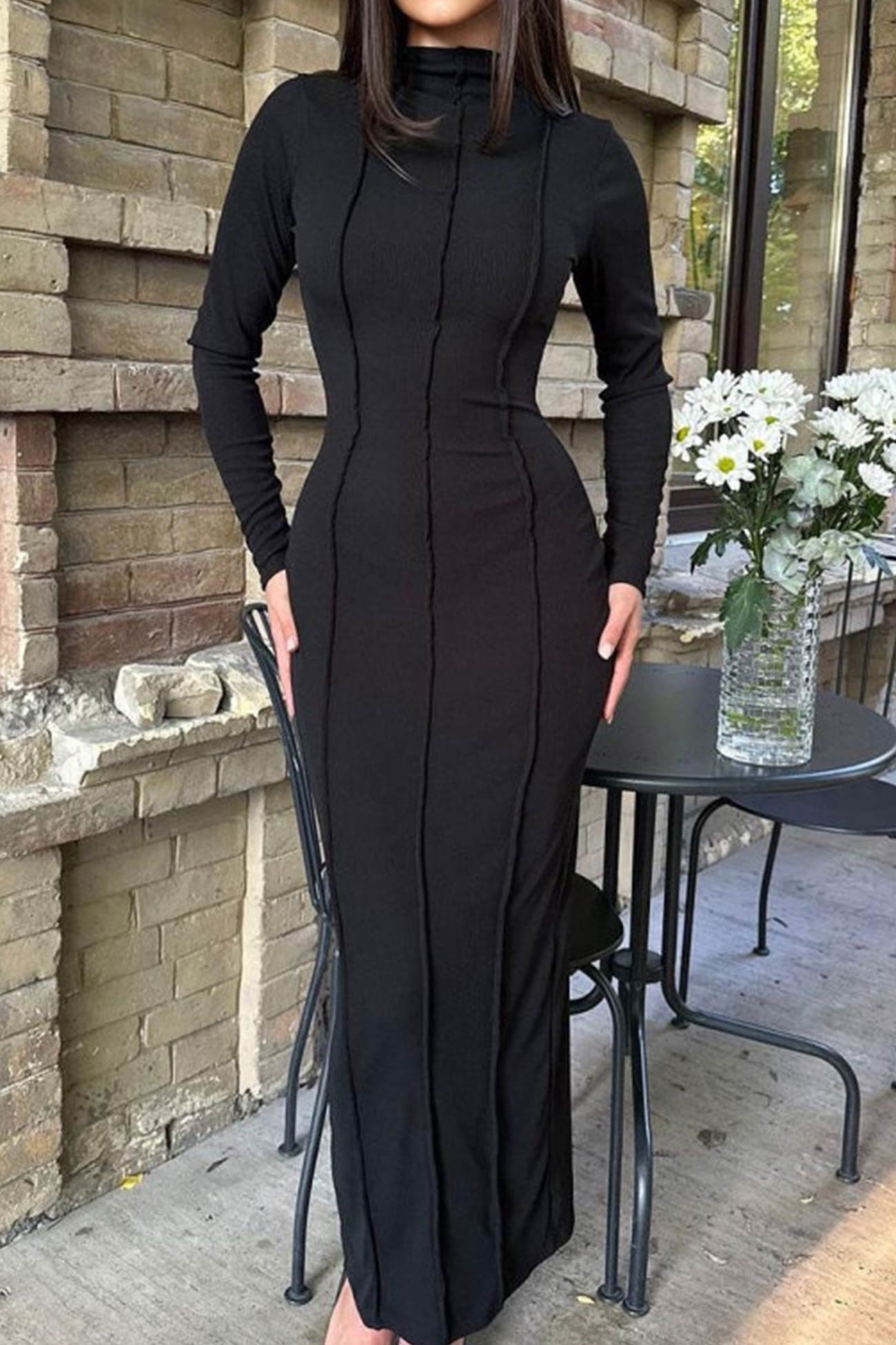 Bodycon Dress with Crew Neck and Slit