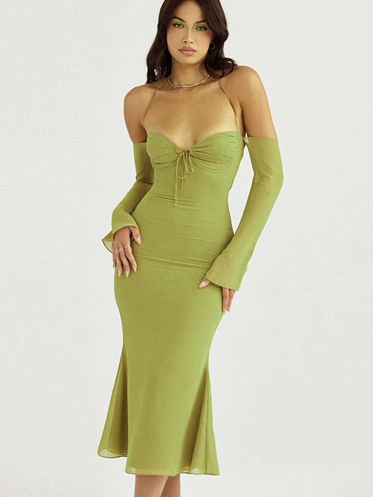 Cryptographic Green Mesh Sheer Midi Dress