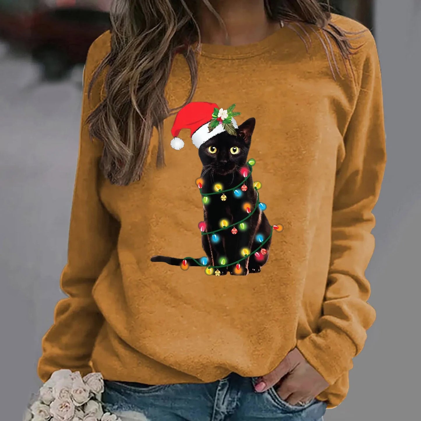 Cartoon Red Hat Black Cat Casual Long-Sleeved Crewneck Christmas Hoodie