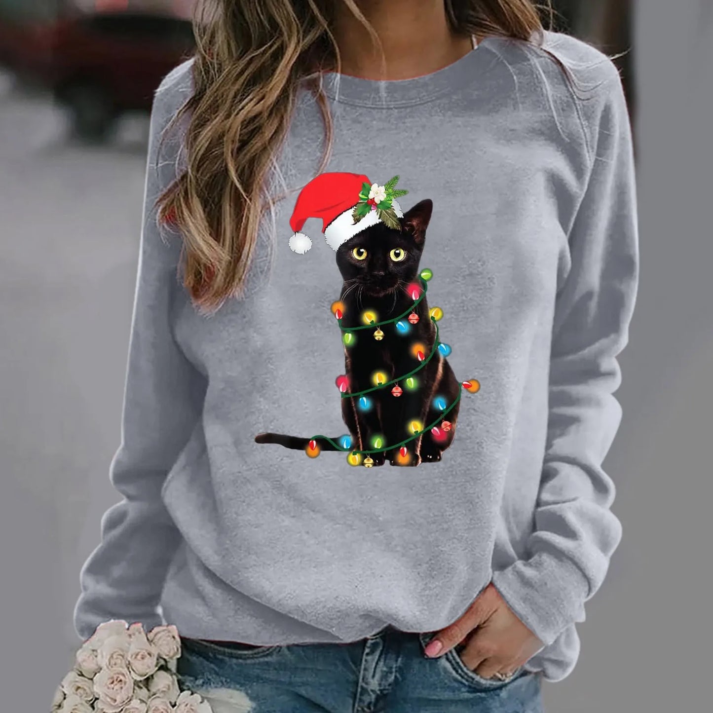 Cartoon Red Hat Black Cat Casual Long-Sleeved Crewneck Christmas Hoodie