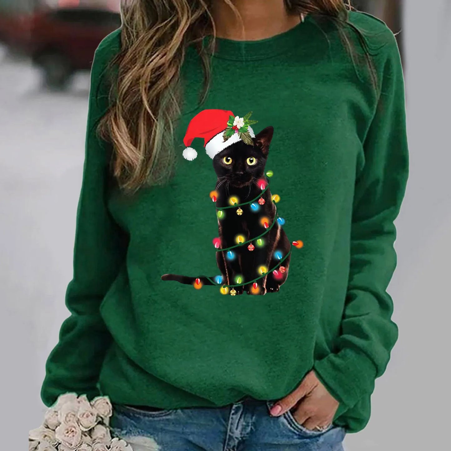 Cartoon Red Hat Black Cat Casual Long-Sleeved Crewneck Christmas Hoodie