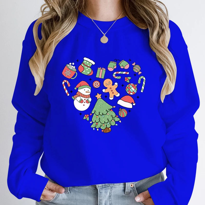 Cute Heart Tree Snowman Fashion Loose Round Neck Christmas Hoodie