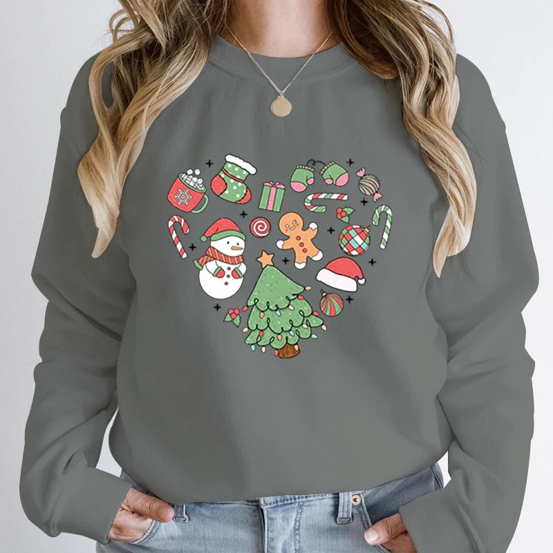 Cute Heart Tree Snowman Fashion Loose Round Neck Christmas Hoodie