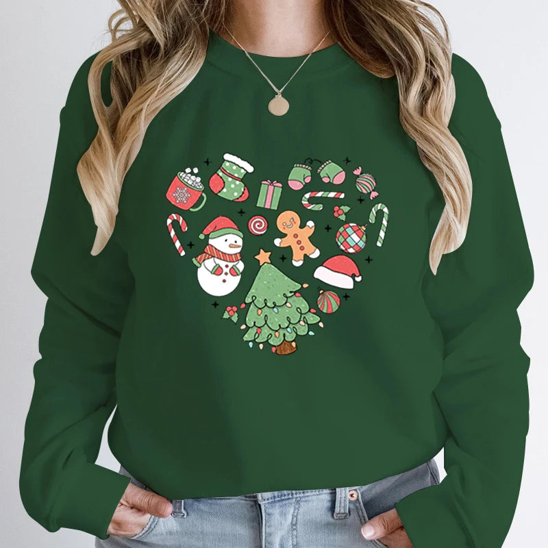 Cute Heart Tree Snowman Fashion Loose Round Neck Christmas Hoodie