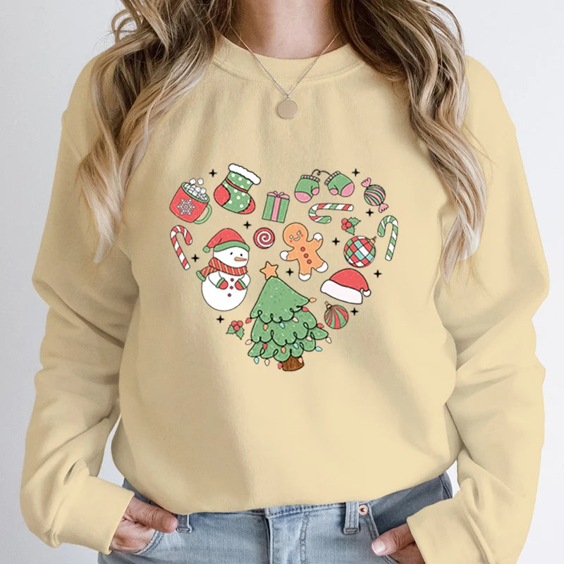 Cute Heart Tree Snowman Fashion Loose Round Neck Christmas Hoodie