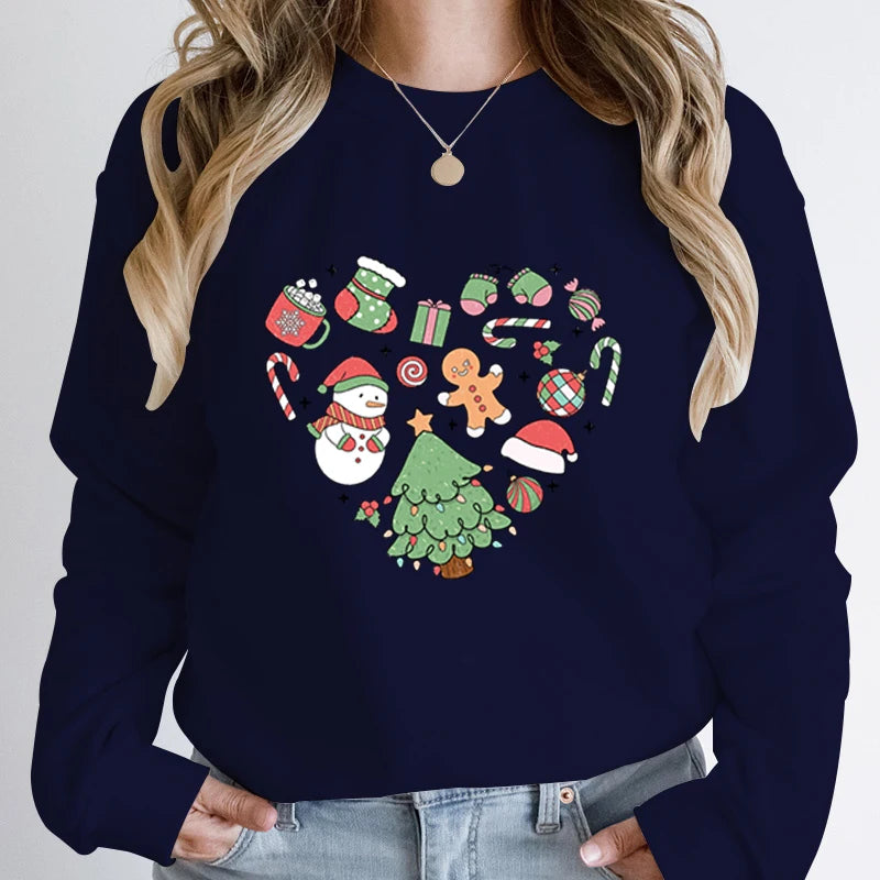 Cute Heart Tree Snowman Fashion Loose Round Neck Christmas Hoodie