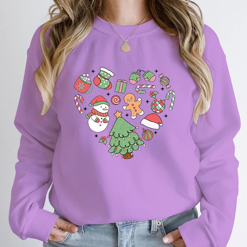 Cute Heart Tree Snowman Fashion Loose Round Neck Christmas Hoodie