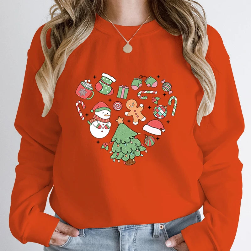 Cute Heart Tree Snowman Fashion Loose Round Neck Christmas Hoodie