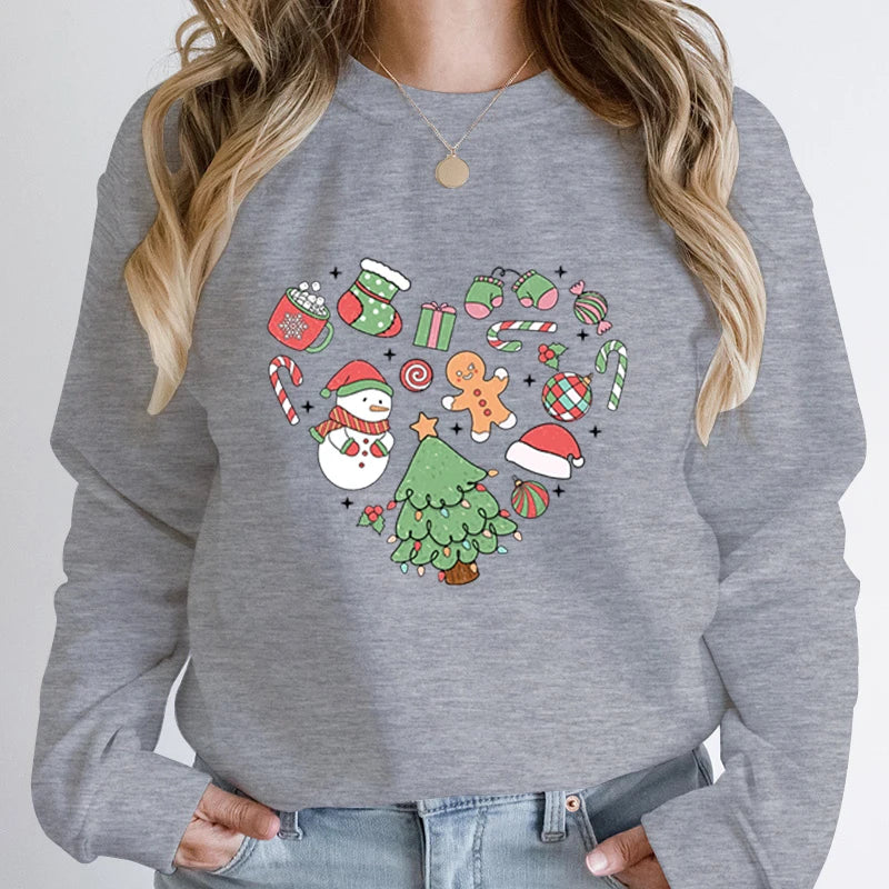 Cute Heart Tree Snowman Fashion Loose Round Neck Christmas Hoodie