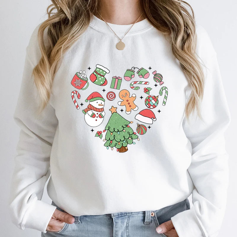 Cute Heart Tree Snowman Fashion Loose Round Neck Christmas Hoodie