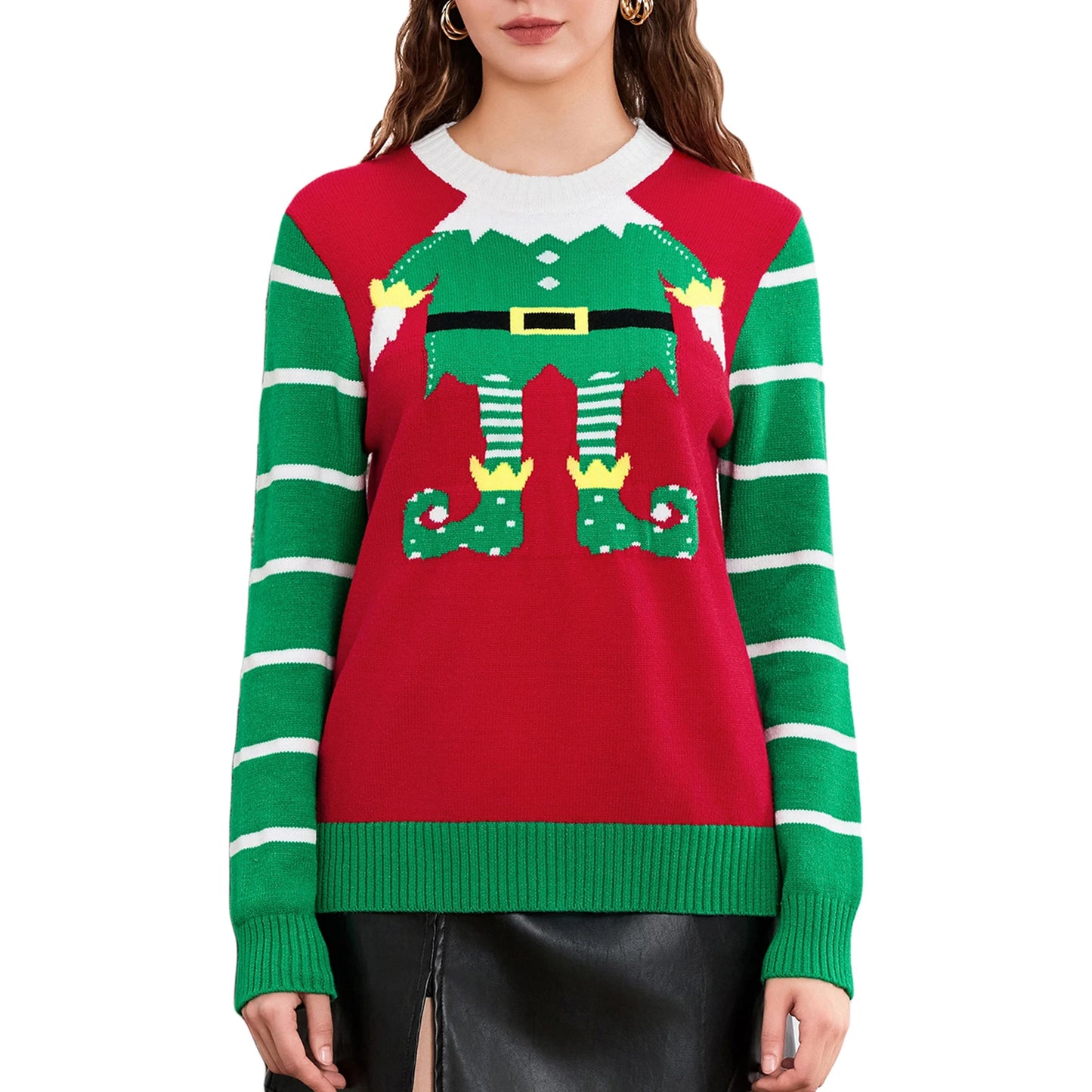 Cute Trendy Elf Legs Print Crew Neck Warm Fall Winter Streetwear Christmas Sweater