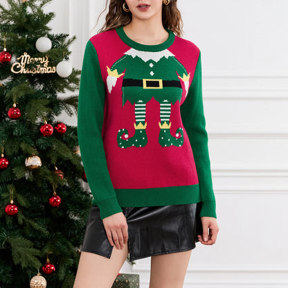 Cute Trendy Elf Legs Print Crew Neck Warm Fall Winter Streetwear Christmas Sweater