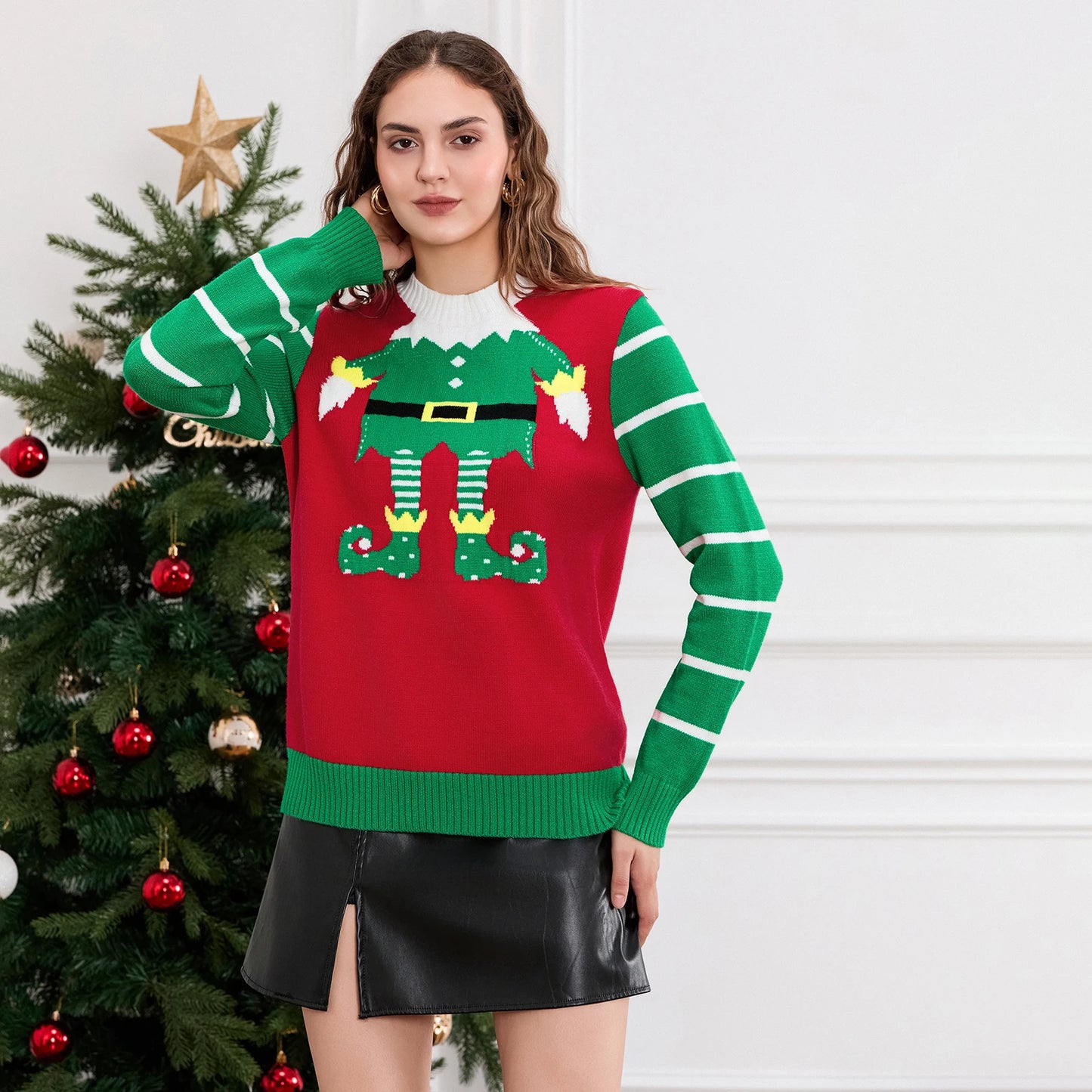 Cute Trendy Elf Legs Print Crew Neck Warm Fall Winter Streetwear Christmas Sweater