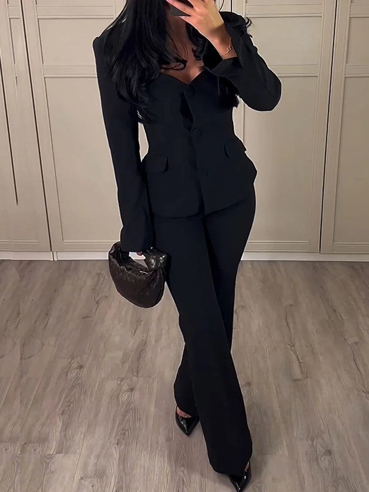 Casual Long Sleeve Square Neck Solid Black Two-Piece Blazer