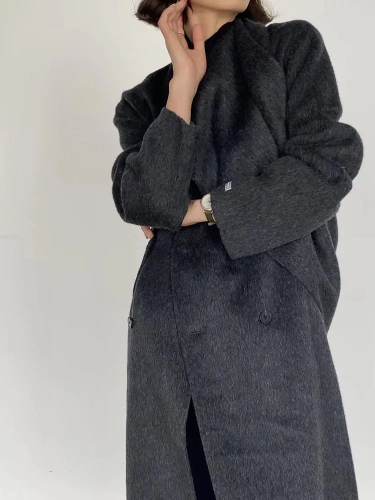 Scarf Collar Double-Breasted Wool Overcoat Mixed Dark Grey / One Size