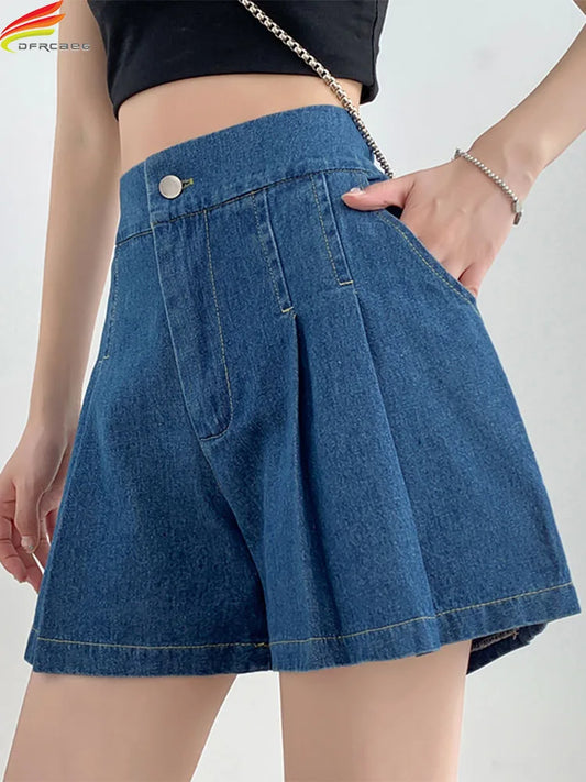 Summer Size Denim High Elastic Waist Pleated Mini Large Size Short