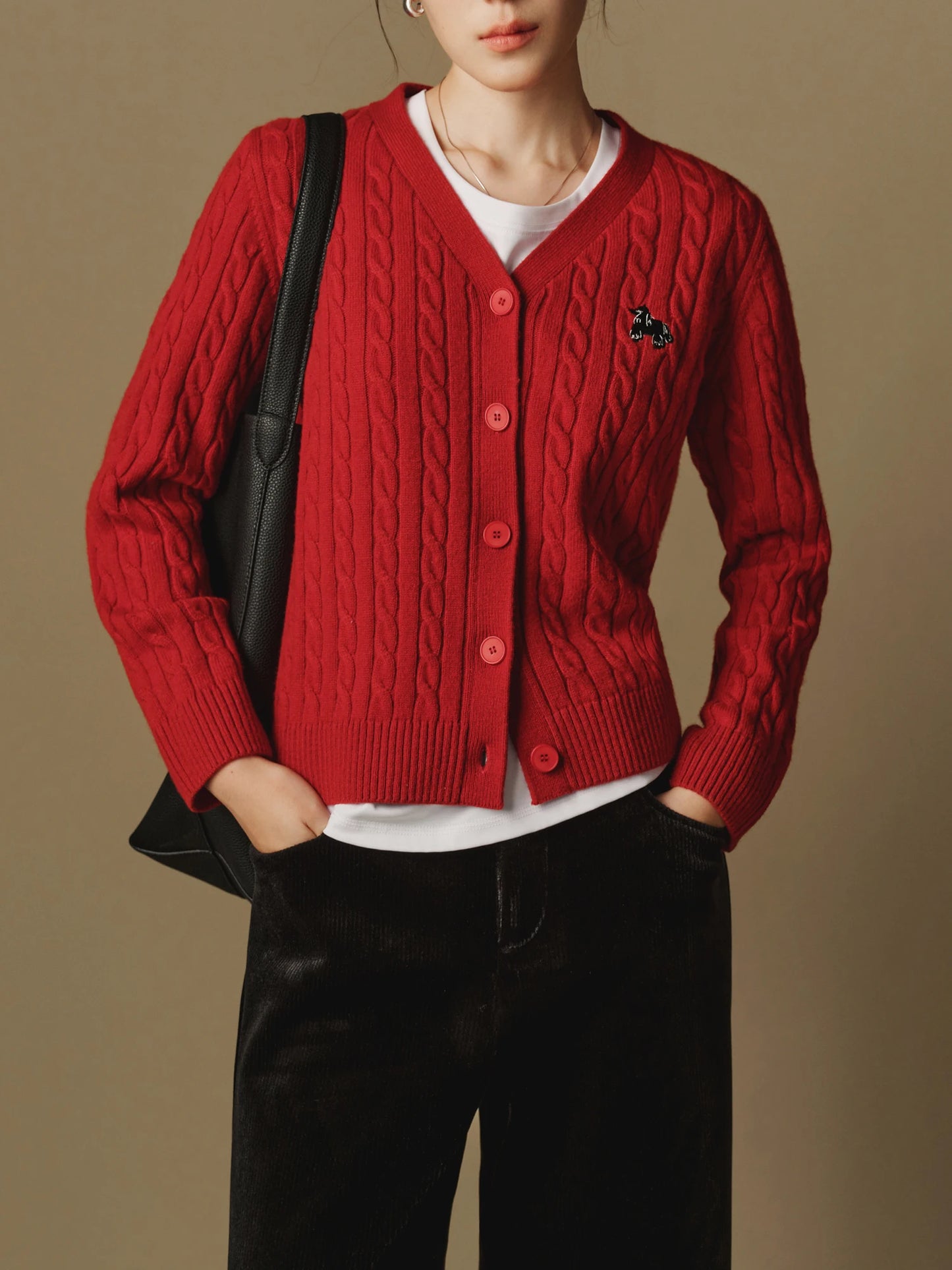 Dark Red Wool V-Neck Cable Cardigan