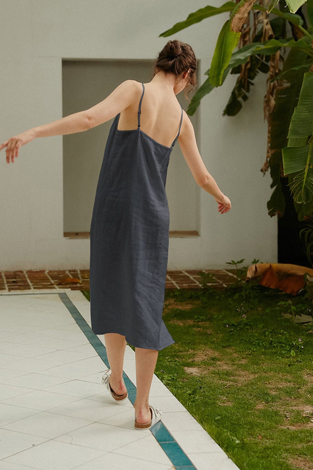 Linen Slip Dress with Daisy Embroidery