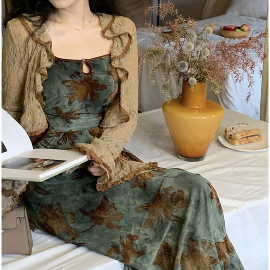 Green Halter Autumn French Retro Waist Slimming with Brown Clothing SlimFit Floral Dress