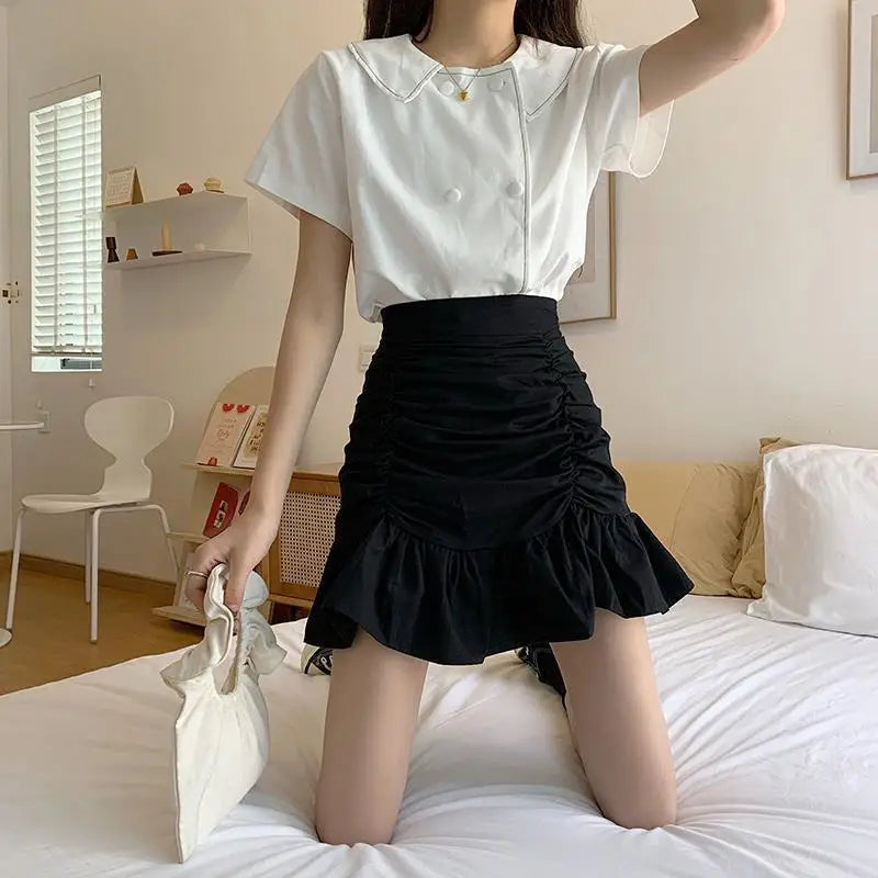 Ruffle Sweet Mini Skirt White A-line Solid Cute Skirt