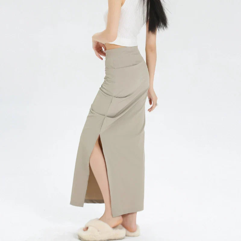 Slit Pleated Solid Long Skirt Vintage Korean Casual